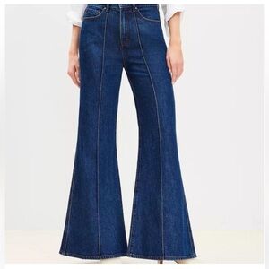 Dark Blue 70s Style Flare Jeans Contrast Seam SUPER High Waist